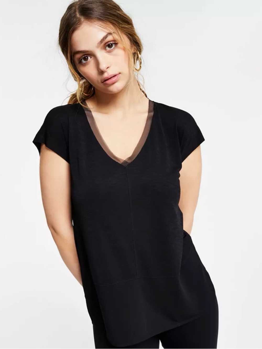 Bar III Black V-Neck Short Sleeve Top